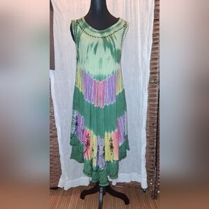 India Boutique Green and Multicolor Tie-Dye Embroidered Midi Dress